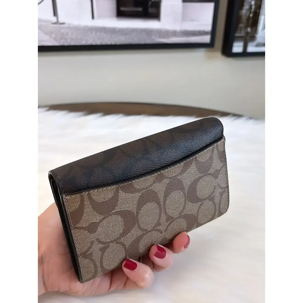 Coach Brown and Black Signature Canvas Wallet with Gold Buckle